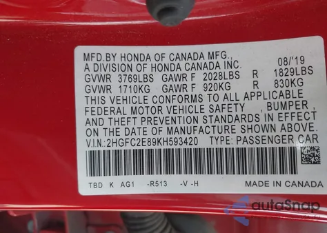 2019 Honda Civic Sport z USA, uszkodzony, nr VIN 2HGFC2E89KH593420